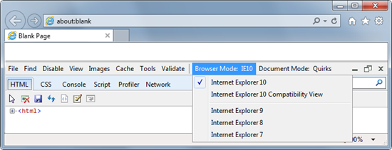 IE10 Developer Toolbar: Browser Mode emulation
