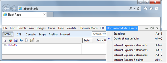 IE10 Developer Toolbar: Document Mode emulation